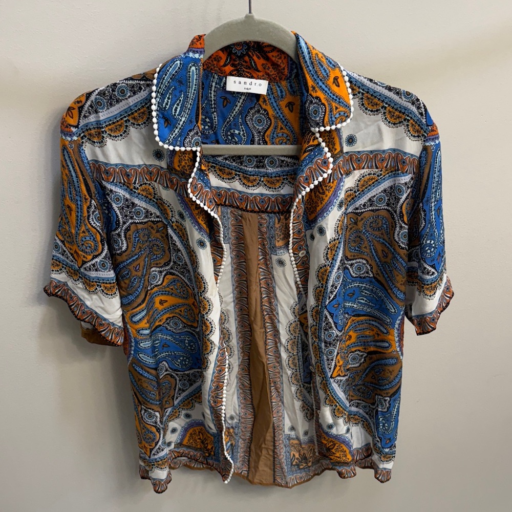Sandro Blue White Mustard Paisley Short-Sleeve Button-Down Blouse